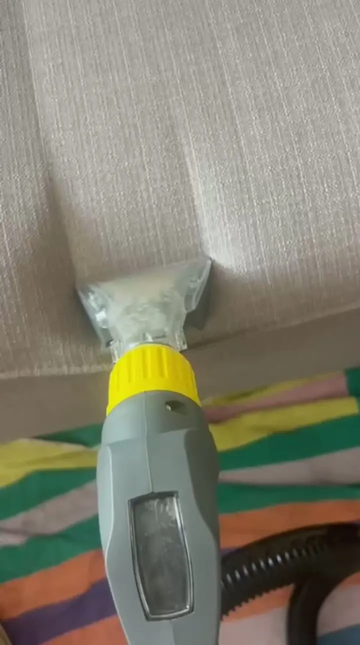 Bocal de injeção-extração a limpar o assento de um sofá de tecido claro