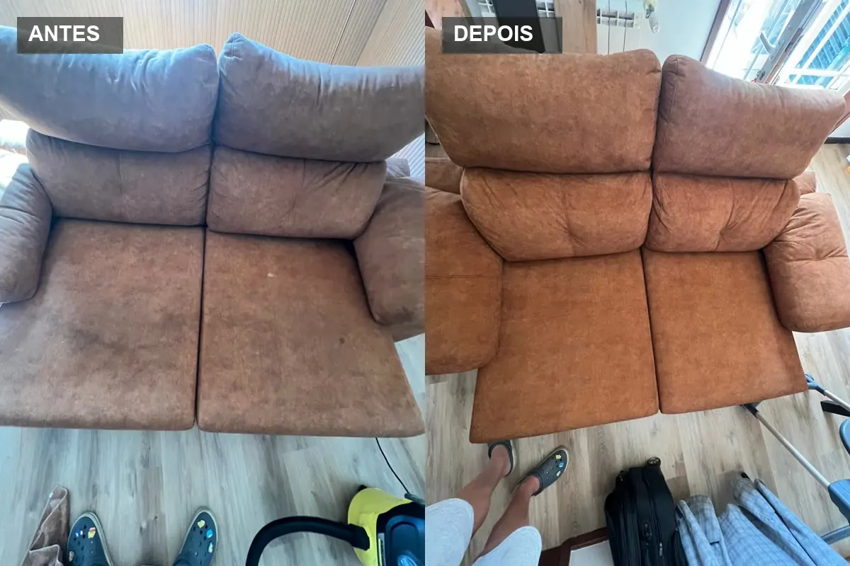 Sofá de dois lugares cor de tijolo antes e depois da limpeza